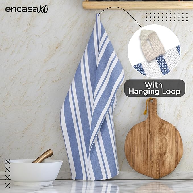 Encasa XO Cotton Kitchen Towel Set | Hand and Tea Cloth for Cleaning & Quick Drying, X-Large 28"x18" (Pack of 4) Highly Absorbent - Franca Blue Stripes
