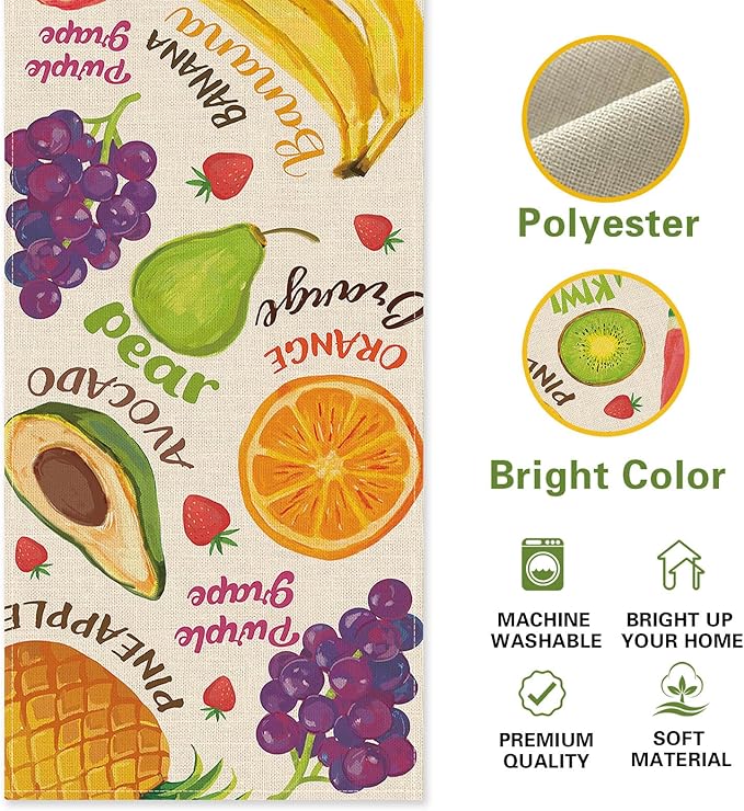 Watercolor Fruit Table Runner, Watermelon Pineapple Banana Orange Kitchen Dining Table Decoration, Spring Summer Grapes Kiwi Avocado Burlap Indoor Outdoor Home Decor Party Supply 13 x 36 Inches