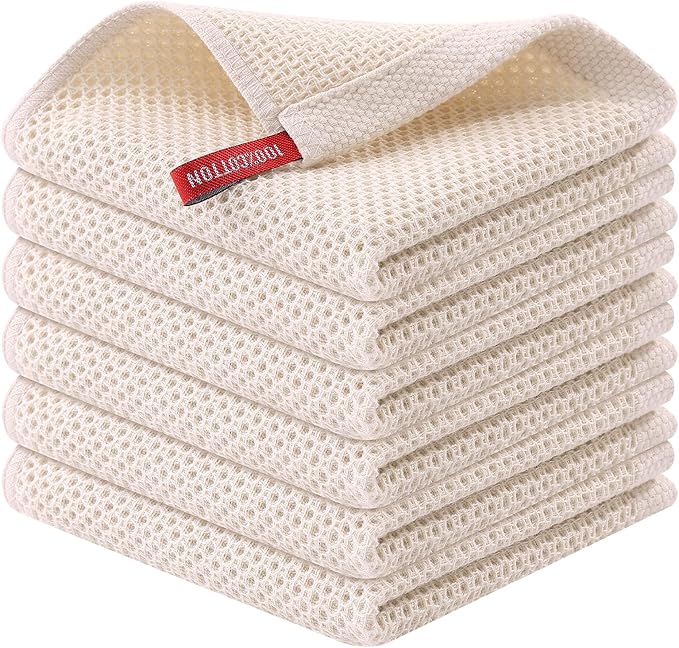 Kitinjoy 100% Cotton Kitchen Dish Cloths (12 X 12 Inches, Beige), 6-Pack Waffle Weave Dish Towels for Drying Dishes Super Soft Absorbent Quick Drying Dish Rags