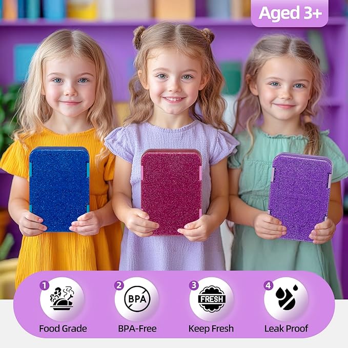 Bento Lunch Box for Kids, 6 Compartments BPA Free, Dishwasher Safe Back to School Snack Bento Lunch Containers Boxes, Ideal Portion Sizes for On-the-Go Meal, Shiny Rose
