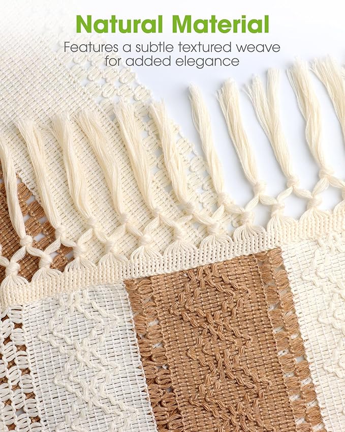 Pureegg Farmhouse Boho Table Runner - 60 Inches, Linen-Textured Woven Tassel Design for Dining Table Decor, Kitchen, Coffee Table & Living Room, 12 x 60 Inch, Brown