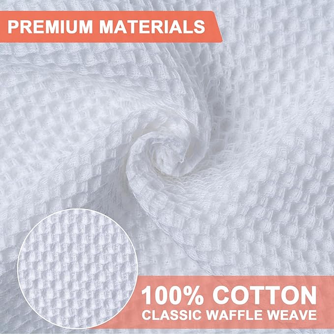 BOOMIBOO 4-Pack Dish Towels, 100% Cotton Waffle Weave, Ultra Soft Absorbent, Quick Drying, White, 13x28 Inches