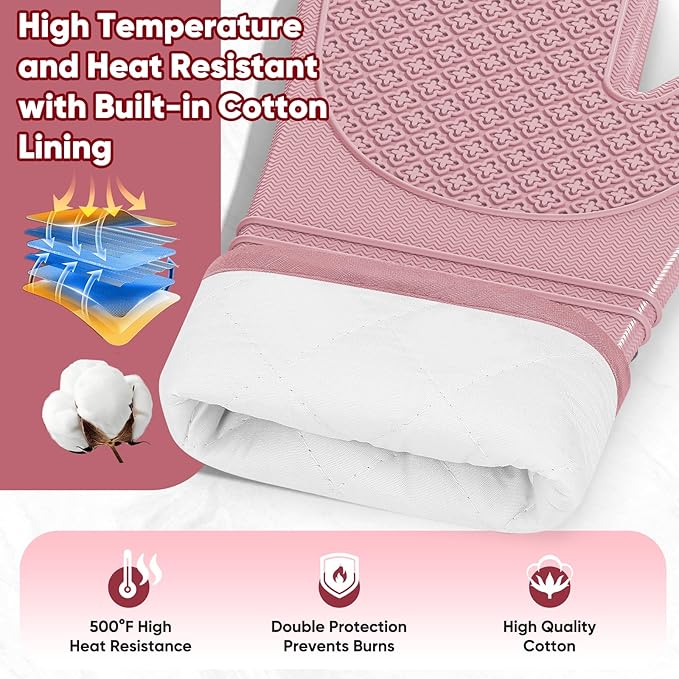 Silicone Oven Mitts, Heat Resistant Oven Gloves with Quilted Liner, Waterproof & Non-Slip Kitchen Mittens for Baking Cooking BBQ, 500°F, 12.5"-Rose Pink