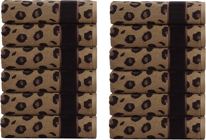 COTTON CRAFT Wash Cloth - Set of 12 Animal Print Safari Decorative Washcloth - 100% Cotton Jacquard Bathroom Face Towel Set - Super Soft Quick Dry Absorbent Luxury Guest Towel - Easy Care - 12 x 12
