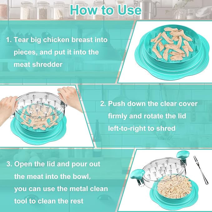 SURETIVIAN Chicken Shredder Large Chicken Breast Shredder Tool Twist with Brush&Fork, Visible Meat Shredder Machine, Anti-Slip Strip, Ergonomic Handle, BPA Free, Pork Beef Chicken(Mint Green)