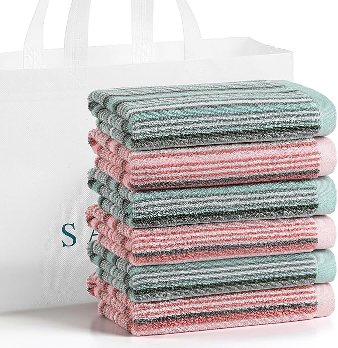 SALAS Premium Cotton Kitchen Dish Towels for Drying Dishes,Large Long Hand Towels, Thick Highly Absorbent Dish Cloth Towel Sets with Hanging Loop, 16" X 26", 6 Pcs, Pink and Green