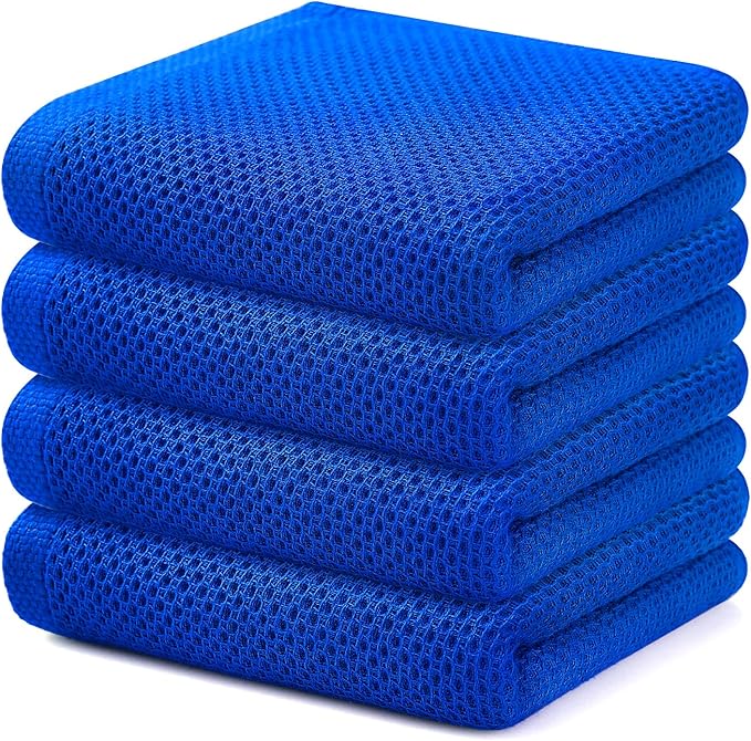 Kitinjoy 100% Cotton Waffle Weave Kitchen Hand Towels (13 X 28 Inches, Blueberry), 4-Pack Super Soft and Absorbent Dish Towel for Drying Dishes
