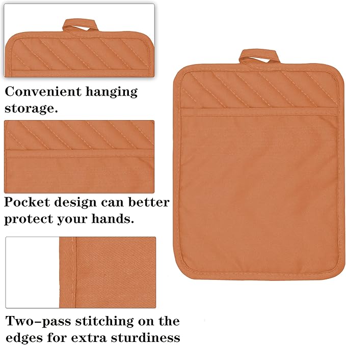 Oven Pot Holder with Pocket Cotton Heat Resistant Coaster Potholder Kitchen Hot Pad Oven Mitts for Cooking Square 7"x9"Set of 5 (Orange)