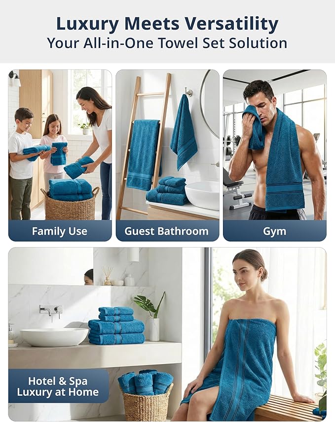 LANE LINEN Luxury Bath Towels Set - 12 Piece, 100% Cotton, Zero Twist, Super Soft & Absorbent, 4 Bath Towels, 4 Hand Towels, 4 Washcloths - Sea Port