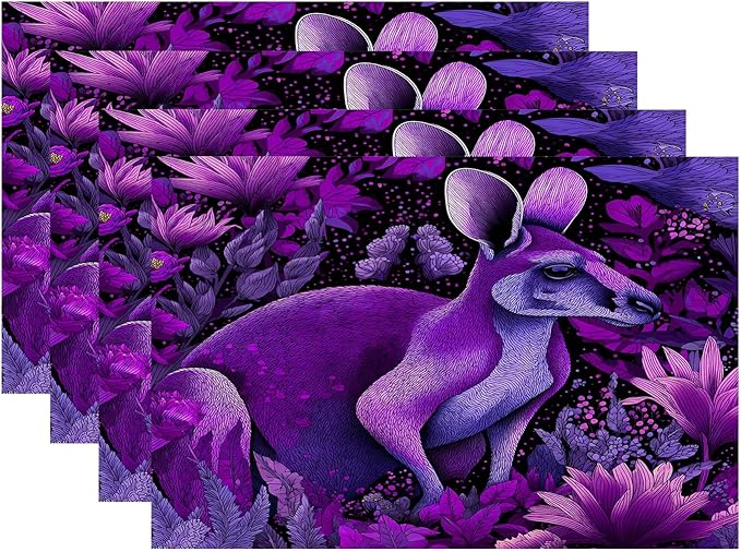 Batmerry Cute Kangaroo Placemats, Violet Kangaroo in Flowers Washable Linen Table Mats for Kitchen Table Double Insulation Decor Dining Set Indoor Outdoor 12X18 in Set of 4