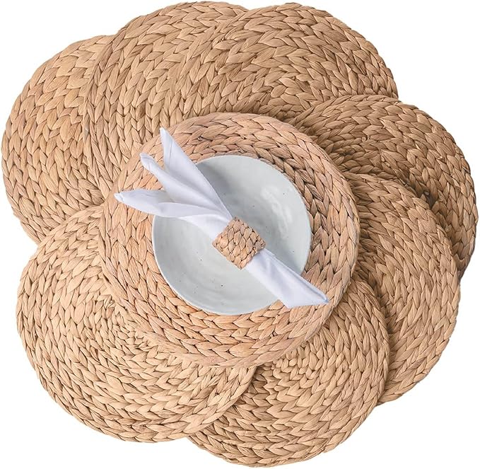 Laquedecraft 13.8" Set of 8 Round Water Hyacinth Placemats | Boho Woven Rattan Table Mats | Farmhouse Wicker Spring Plate Chargers Like Water Hyacinth, Seagrass for Wedding, Party, Christmas, Events