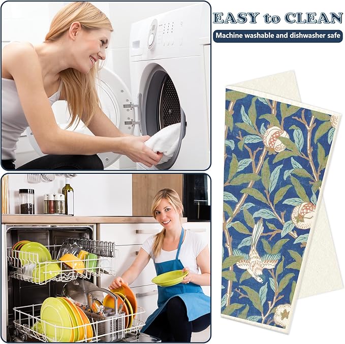 8Pcs Blue Floral Swedish Dishcloths Cotton Kitchen Towel Vintage Flower Absorbent Dish Towel for Home Kitchen Housewarming Cleaning, 7 x 8 Inch