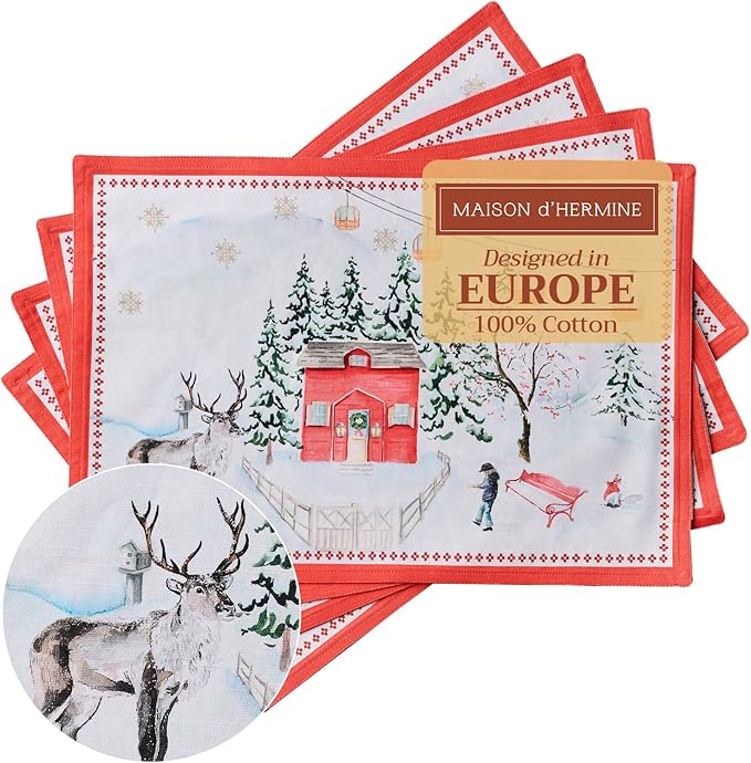 Maison d' Hermine Placemats Set of 4 100% Cotton Washable Cloth Place Mats, Reusable Table Mats for Thanksgiving Christmas Decorations Kitchen Dining Party Wedding (Rural Christmas, 13" x 19")