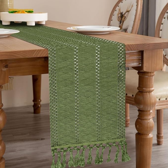 Niviy Sage Green Boho Table Runner for Home Decor 108 Inches Long with Tassels, Rustic Macrame Cotton Linen Woven Coffee Table Runners for Bohemian Dining Table Decoration, Green