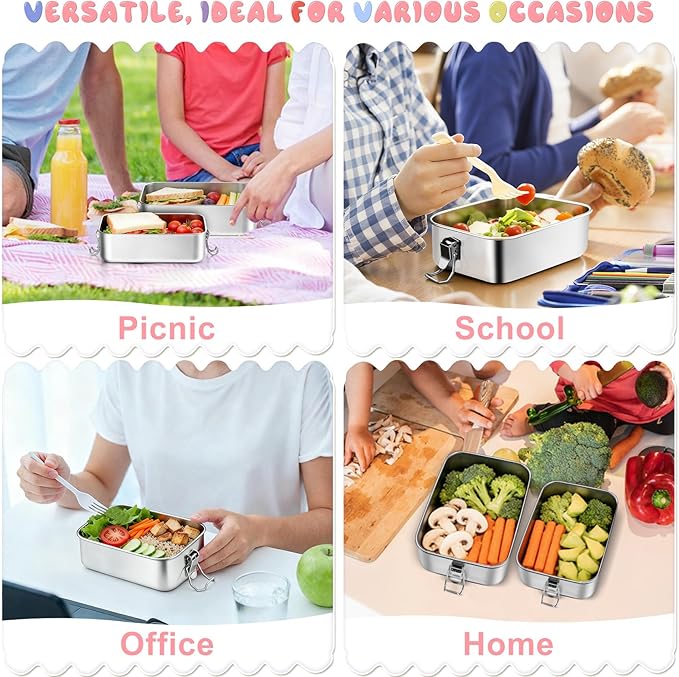 TeamFar Stainless Steel Bento Box, 2 Pack 28oz+47oz Metal Lunch Box with 3 Compartments for Adults Kids, 850ml+1400ML Lunch Food Containers for School/Work/Meal Prep, Leak-Proof & Dishwasher Safe