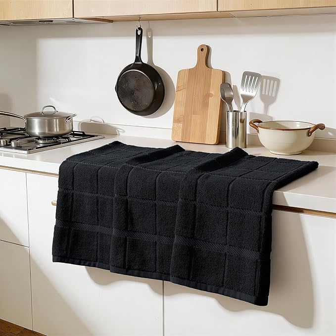 Homaxy Premium Kitchen Towels 18"x28", 8 Pack Large Cotton 380 GSM Dish Towels, Soft and Absorbent Kitchen Hand Towels with Terry Grid Design, Utility Tea Towel Set with Hanging Loop, Black