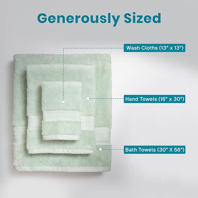 Fabdreams 100% Organic Cotton Bath Towel Set of 6 700 GSM Hotel Premium Plush Absorbent Soft Durable Skin-Friendly Spa Quality Bathroom Comfort with 2 Bath 2 Hand Towels and 2 Wash Cloths Green