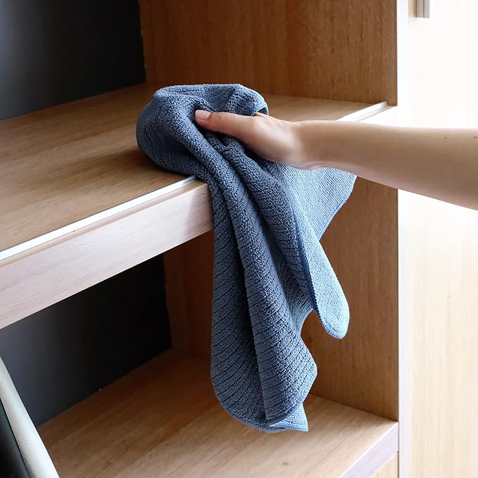 POLYTE Premium Microfiber All-Purpose Ribbed Terry Kitchen Towel, 12 Pack (Blue, Gray, Teal, 16x28 in)