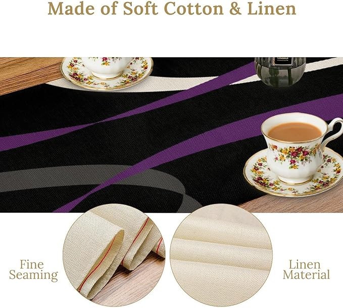 Abstract Geometric Table Runner Purple Grey White Striped Black Background Modern Kitchen Dinner Runner for Indoor Home Living Room Party Dining Table Decoration 13"x60"