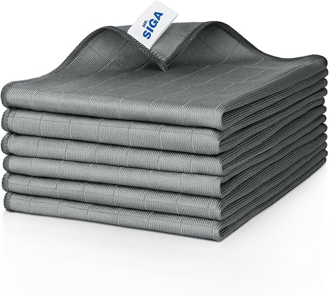MR.SIGA Ultra Fine Microfiber Glass Cleaning Cloths, Lint Free, Streak Free Cleaning Rags, for Glass, Mirror, Window, Pack of 6, Gray, Size 34 x 39 cm (13.3" x 15.3")