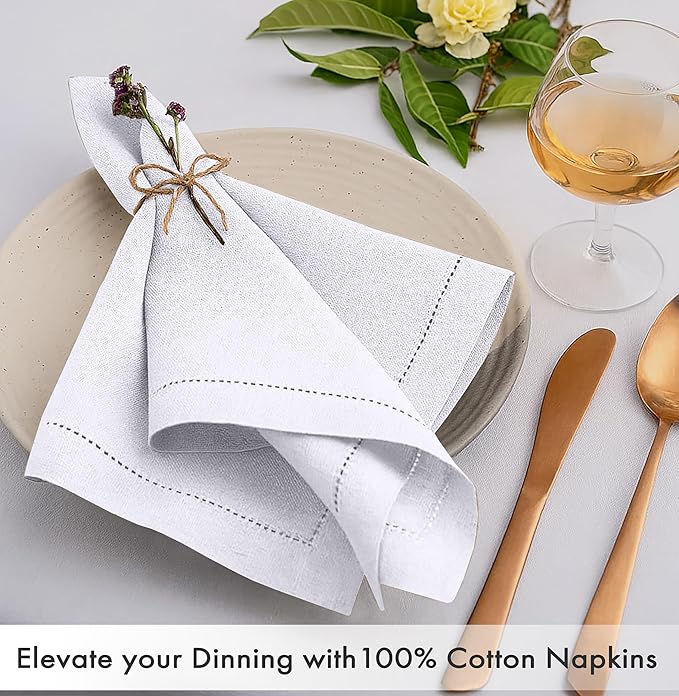 Ruvanti Cloth Napkins Set of 12, 100% Cotton High GSM 18x18 Inches, Hem Stitched Corners, Soft, Washable, Highly Durable & Absorbent, Perfect for Parties, Christmas, Thanksgiving Dinners – White
