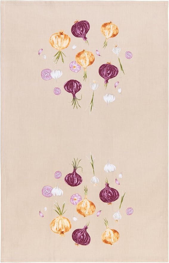 Now Designs Aromatics Dishtowel, Watercolor Onions & Garlic Print, 100% Cotton, W18 x L28in