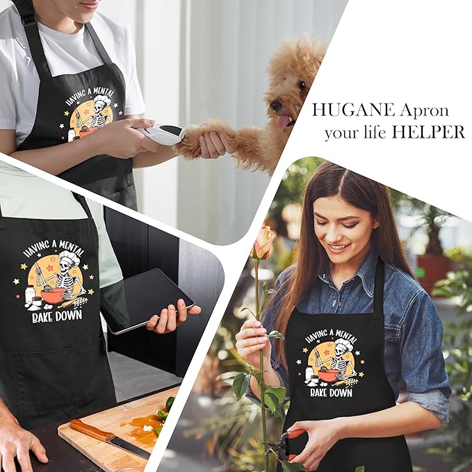 Funny Gothic Skeleton Baking Apron with Pockets, Funny Baking Gifts, Having a Mental Bake Down Waterproof Adjustable Cooking Apron for Kitchen Dishwashing Grilling
