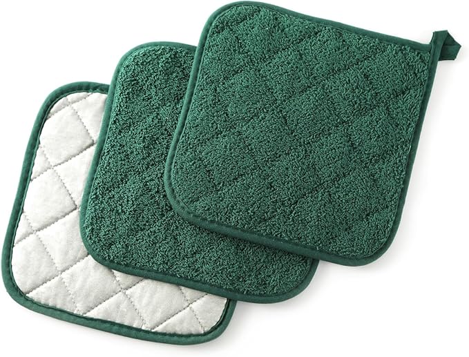 100% Cotton Basic Terry Collection Quilted，Pot Holder for Cooking and Baking，3 Piece. (French Blue)