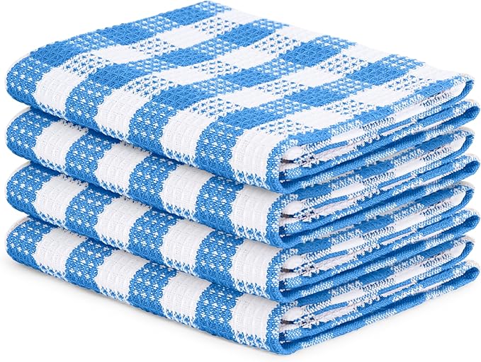 Blue Needles Set of 4 Waffle Weave Kitchen Towel, 15x25 Inches 100% Cotton Check Plaid Dish Towels for Kitchen, Soft & Absorbent for Quick Drying with Hanging Loop, Spring Summer - Sky Blue & White