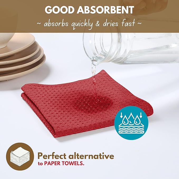 Native Fab Waffle Weave Dish Towels 12 Pack, 100% Cotton Kitchen Dishcloths with Hanging Loop, 16x26 Inches, Super Absorbent, Quick Dry for Kitchen Cleaning, Drying Dishes, Red