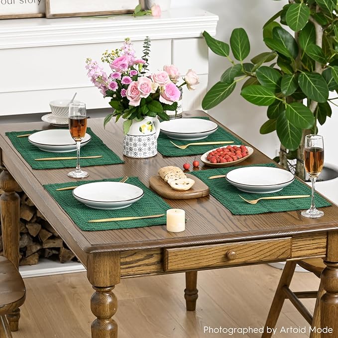 Artoid Mode Dark Green Farmhouse Woven Rustic Hollow Placemats Set of 4,12x18 Inch Seasonal Holiday Table Mats Party Kitchen Dining Decoration