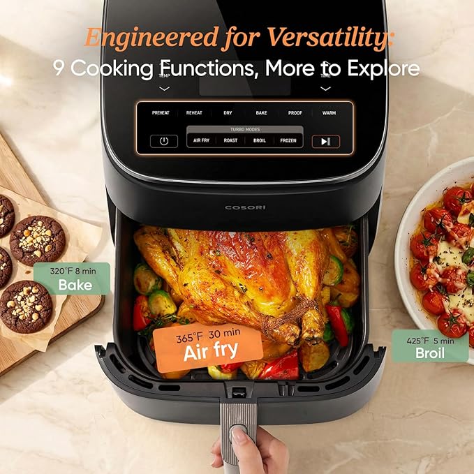 Cosori 9-in-1 TurboBlaze Air Fryer 6 Qt, PFAS-Free Ceramic Coating, 90°–450°F, Precise Heating for Even Results, Air Fry, Roast, Bake, Broil, Dry, Frozen, Proof, Reheat, Keep Warm, 120V, Dark Gray