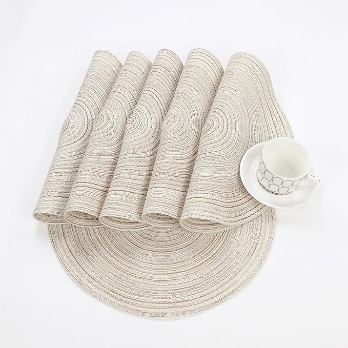 SHACOS Round Placemats Set of 6 Braided Circle Place Mat Washable 15 inch Table Mats for Kitchen Dining Table Decor Mixed Color (Ivory, 6)