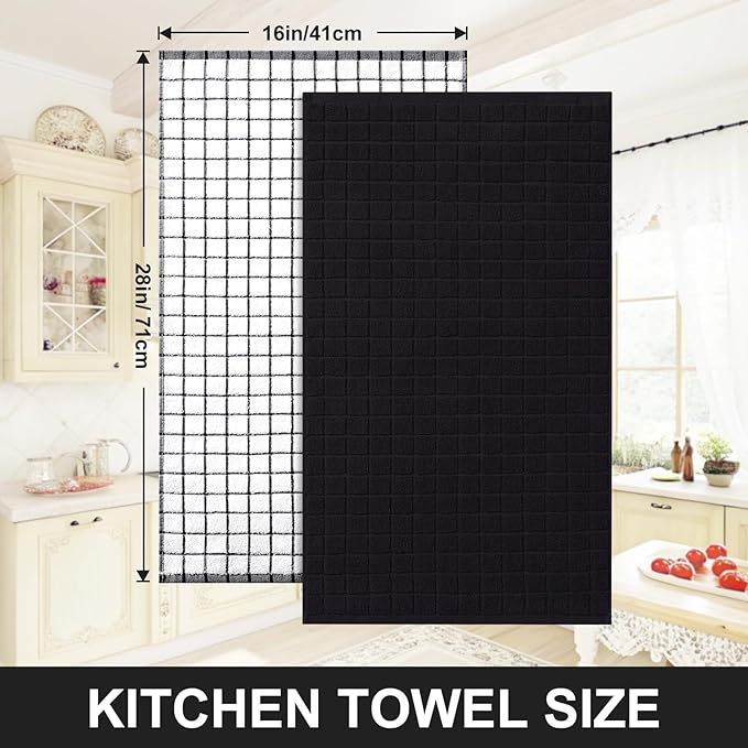 Homaxy Premium Cotton Kitchen Towels 16"x 28", Large Natural Ring Spun 390 GSM Dish Towels, Super Absorbent Terry Kitchen Hand Towels, Soft Tea Towels with Hanging Loop, Black Check Design, 6 Pack