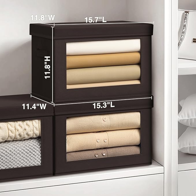 Homsorout Stackable Storage Bins with Lids - Large Storage Box with Lids, Foldable Closet Boxes for Organizing, Wardrobe Clothes Organizer with Window, Cubes Bins for Living Room, 3 Pack, Brown