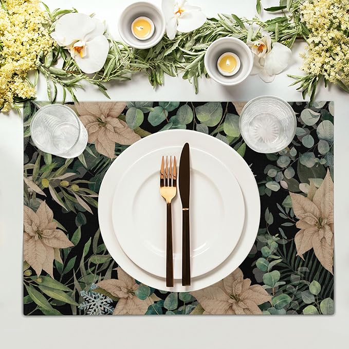 Watercolor Eucalyptus Flower Table Placemats Set of 4，Blue Snowflake Placemat for Dining Table，Washable Table mats for Winter Holiday Birthday Party Decor，12x18 Inch