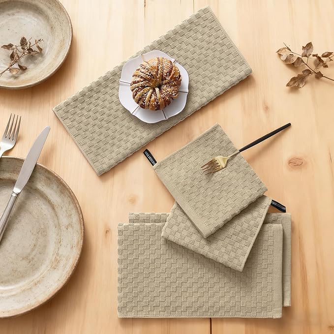 Homaxy 100% Cotton Kitchen Towels and Dishcloths Set, 12 x 12 & 15 x 25 Inches, Set of 8 Bulk Terry Cloth Dish Towels, Super Soft and Absorbent Hand Towel with Hanging Loop, Tan