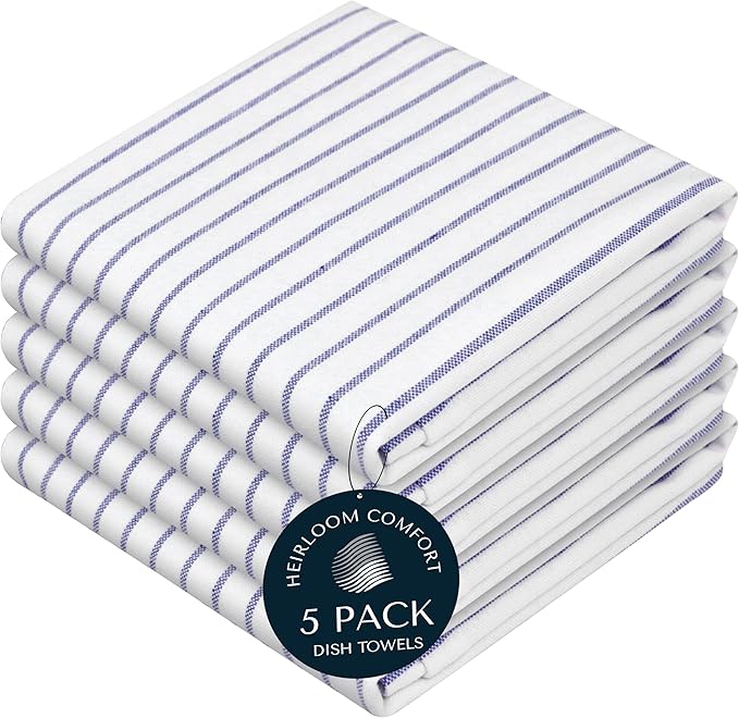 Indigo Blue Stripe Kitchen Towels, 5 Pack, 100% Cotton, Super Absorbent and Quick Dry, Classic Striped Towel Set, Durable Dish Cloths for Kitchen Use, Cleaning & Drying Dishes