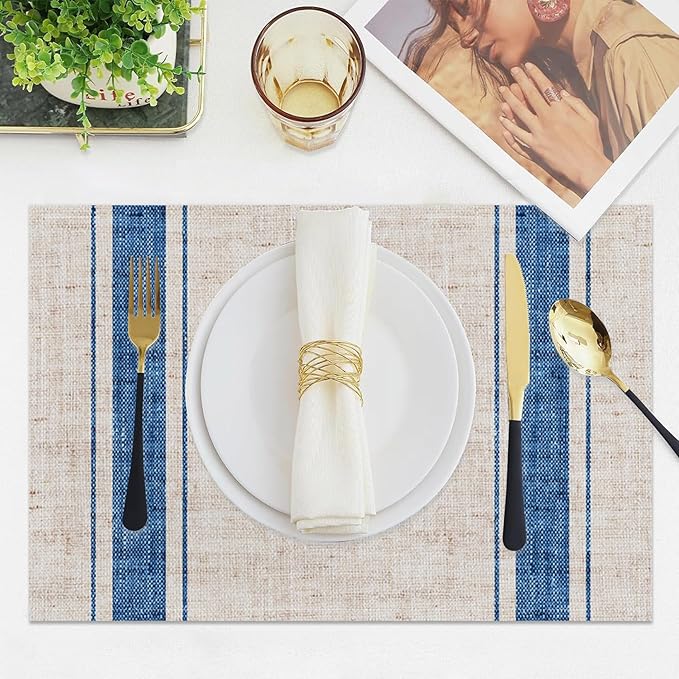 CSFOTO Modern Minimalist Line Decorative Placemats Set of 4 Heat-Resistant Non-Slip Kitchen Table Mats Khaki Woven Rectangle Placemats for Dining Table 18"x12" Washable, Blue Stripe
