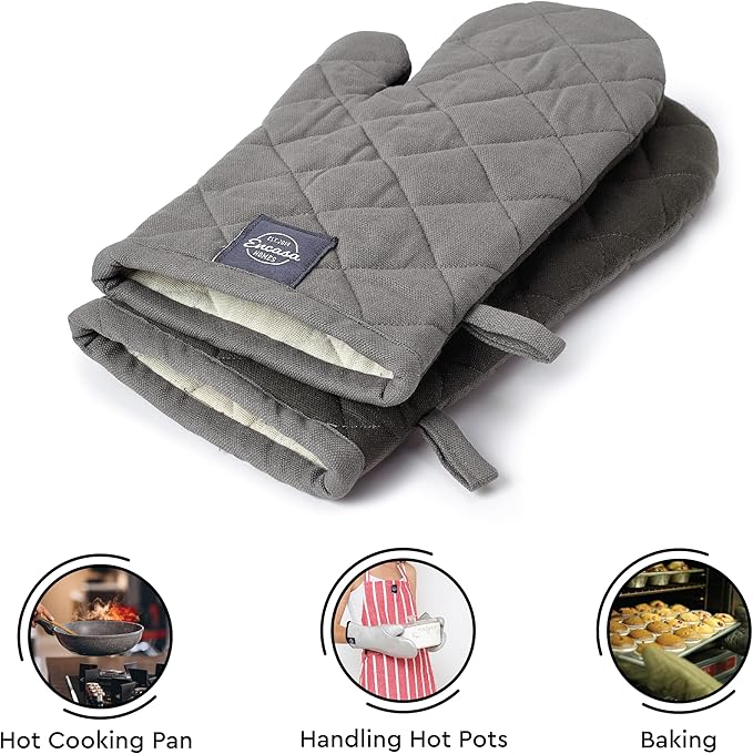Encasa XO Heat Resistant Cotton Oven Gloves Mitts (2 Pc Set) - Quilted & Safe 12x6.6 in - for Kitchen, Cooking & Baking, Grilling, Handling Hot Pots & Pans - Grey