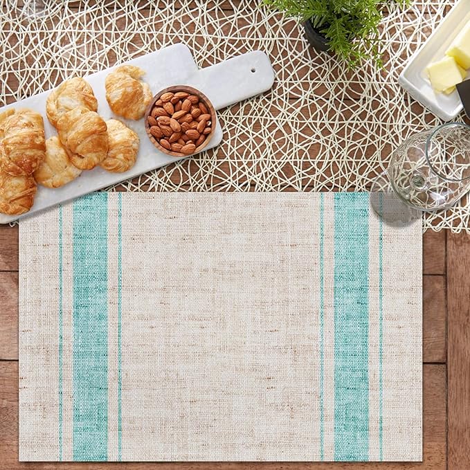 CSFOTO Modern Minimalist Line Decorative Placemats Set of 4 Heat-Resistant Non-Slip Kitchen Table Mats Khaki Woven Rectangle Placemats for Dining Table 18"x12" Washable, Light Blue Stripe