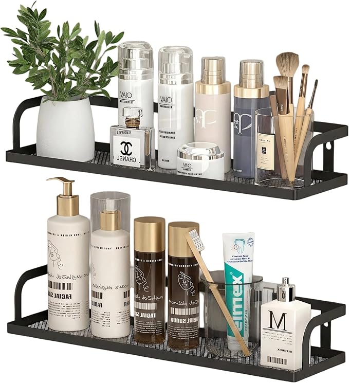 PUSDON 2-Pack 16.5" Extra Long Slim Hollowout Shower Caddy, Wall Mount Spice Rack & Bathroom Organizer, Mesh Bottom Cabinet Door Shelf Holds 50LBS - Matte Black, Hollowout