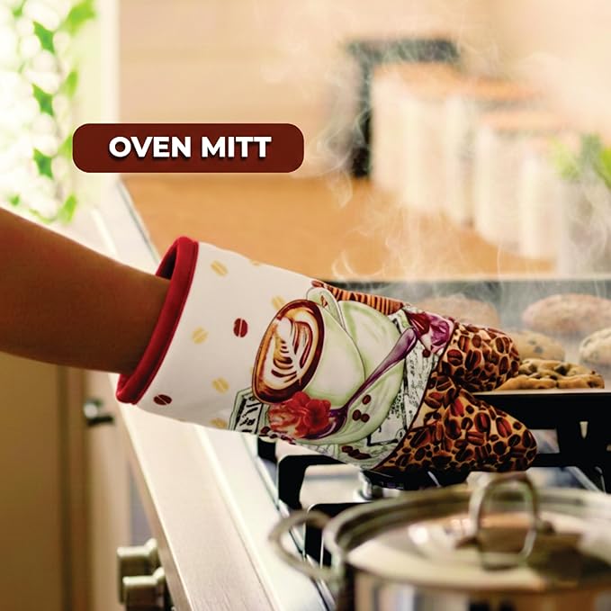 Lobyn Value Packs: Café Latte5 Piece Kitchen Towel Set with 2 Decorative Dish Towels (25 X15), 1 Oven Mitt (11 X 7) and 2 Potholders (6.5 X 6.5) Perfect for Coffee Lovers