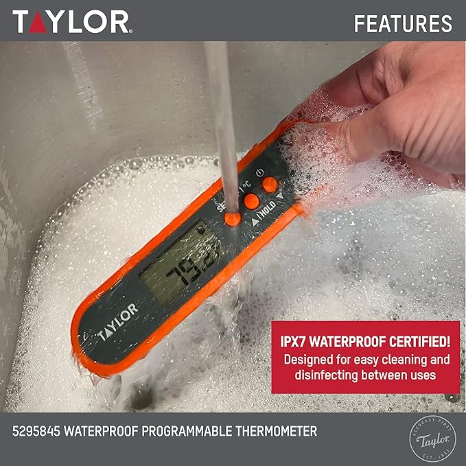 Taylor Digital Waterproof Meat Thermometer for GLP-1 High Protein Meal Prep – Folding Probe for Chicken, Salmon, Steak – Programmable Presets, Backlit Display for Oven, Grill, Orange