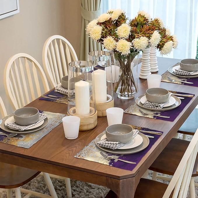 Purple Gold Abstract Linen Placemats Set of 4, Heat Resistant Wipeable Purple Place Mats for Kitchen Dining Table Holiday Wedding Party Outdoor Farmhouse Gardening, Kitchen Home Decor, 12 x 18 Inch