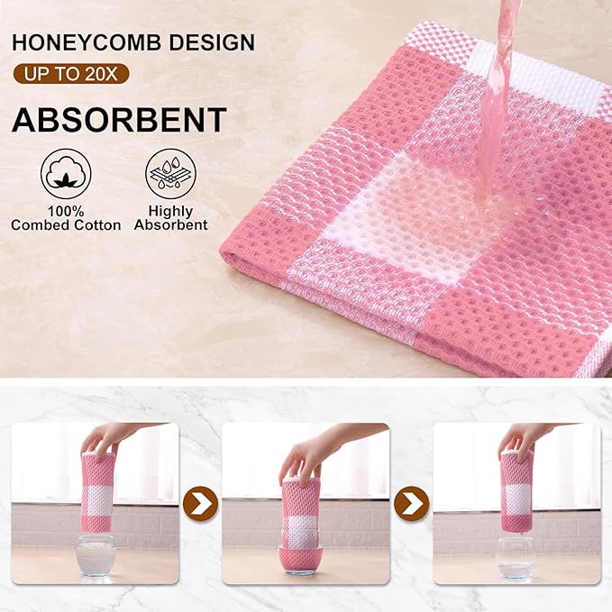 Mordimy 100% Cotton Waffle Weave Kitchen Towels, 13 x 28 Inches, Super Soft and Absorbent Buffalo Check Dish Towels for Drying Dishes, 4-Pack, Pink