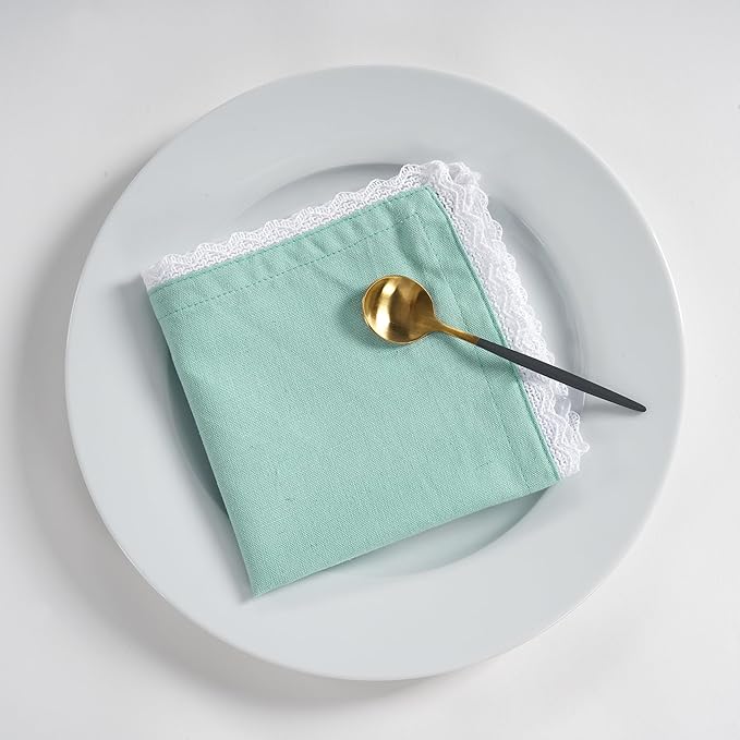 Fingercraft Dinner Cloth Napkin Cotton Linen Set of 12 Mitered Corners with Natural Elegant Lace for Everyday Use Napkins are Pre Shrunk and Good Absorbency with Lace 20x20 in Aqua Easter Color