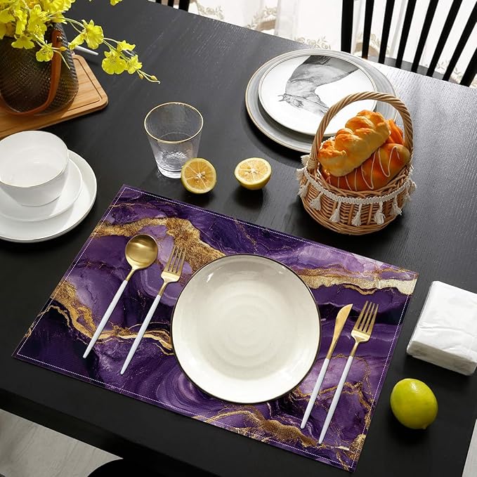 Purple Gold Marble Placemats Set of 6, Washable Heat Resistant Table Mat Linen Place Mats for Party Kitchen Dining Home Decor 12x18 Inch
