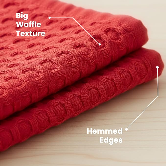 WHITEWRAP Premium Cotton Big Waffle Weave Kitchen Dish Cloths, 12x12 Inch Ultra Absorbent Lint-Free Dish Towels, Fast Drying Dishcloths for Washing Dishes, 6 Pack, Red