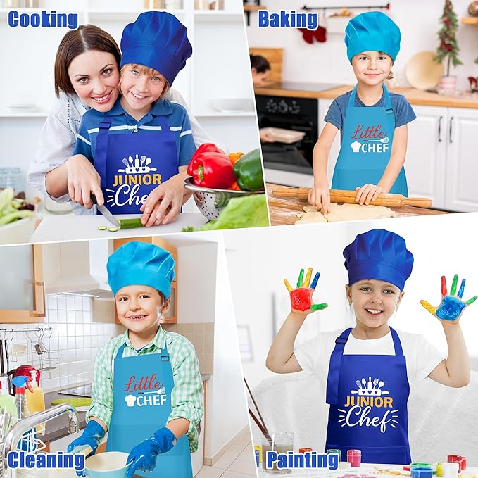GROBRO7 4Pcs Kids Apron and Chef Hat Set Gift for Girls Boys Junior and Little Chef Identity Adjustable Kitchen Child Aprons with 2 Pockets Waterproof Smocks Hats for Baking Cooking Painting Training